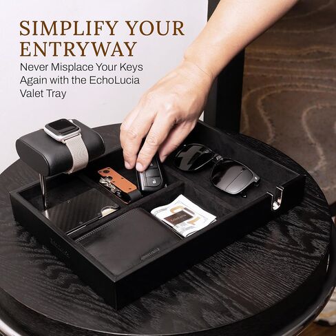Nightstand Organizer Tray with Watch Stand – PU Leather Valet Tray for Men with Money Clip, Phone Holder & Key Tray – Mens Valet Tray Organizer for Desk & Bedroom Storage by EchoLucia, 12.2x8.6x1.6" in Saudi Arabia