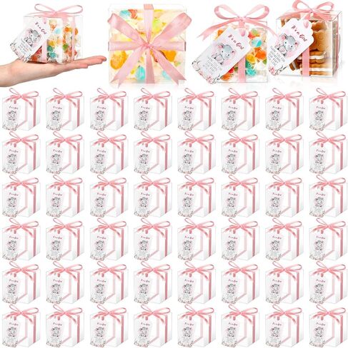 Sayglossy 50 Set Baby Shower Favor Boxes 3 x 3 x 3 Inch Clear Favor Boxes with Elephant Thank You Tags and Ribbons Mini Transparent Candy Cube Boxes for Baby Shower Party Birthday Gift(Pink) in Saudi Arabia