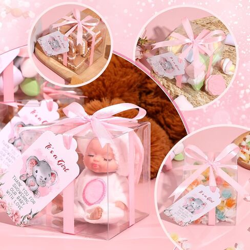 Sayglossy 50 Set Baby Shower Favor Boxes 3 x 3 x 3 Inch Clear Favor Boxes with Elephant Thank You Tags and Ribbons Mini Transparent Candy Cube Boxes for Baby Shower Party Birthday Gift(Pink) in Saudi Arabia