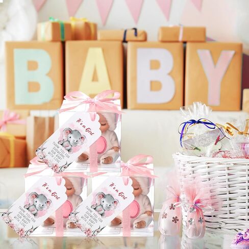 Sayglossy 50 Set Baby Shower Favor Boxes 3 x 3 x 3 Inch Clear Favor Boxes with Elephant Thank You Tags and Ribbons Mini Transparent Candy Cube Boxes for Baby Shower Party Birthday Gift(Pink) in Saudi Arabia