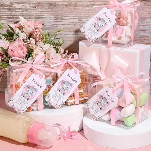 Sayglossy 50 Set Baby Shower Favor Boxes 3 x 3 x 3 Inch Clear Favor Boxes with Elephant Thank You Tags and Ribbons Mini Transparent Candy Cube Boxes for Baby Shower Party Birthday Gift(Pink) in Saudi Arabia