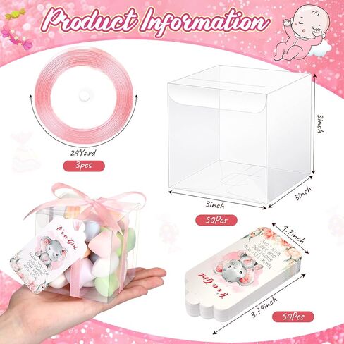 Sayglossy 50 Set Baby Shower Favor Boxes 3 x 3 x 3 Inch Clear Favor Boxes with Elephant Thank You Tags and Ribbons Mini Transparent Candy Cube Boxes for Baby Shower Party Birthday Gift(Pink) in Saudi Arabia
