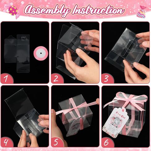 Sayglossy 50 Set Baby Shower Favor Boxes 3 x 3 x 3 Inch Clear Favor Boxes with Elephant Thank You Tags and Ribbons Mini Transparent Candy Cube Boxes for Baby Shower Party Birthday Gift(Pink) in Saudi Arabia