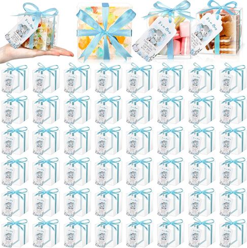 Sayglossy 50 Set Baby Shower Favor Boxes 3 x 3 x 3 Inch Clear Favor Boxes with Elephant Thank You Tags and Ribbons Mini Transparent Candy Cube Boxes for Baby Shower Party Birthday Gift(Pink) in Saudi Arabia