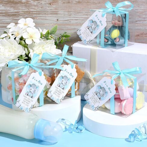 Sayglossy 50 Set Baby Shower Favor Boxes 3 x 3 x 3 Inch Clear Favor Boxes with Elephant Thank You Tags and Ribbons Mini Transparent Candy Cube Boxes for Baby Shower Party Birthday Gift(Pink) in Saudi Arabia