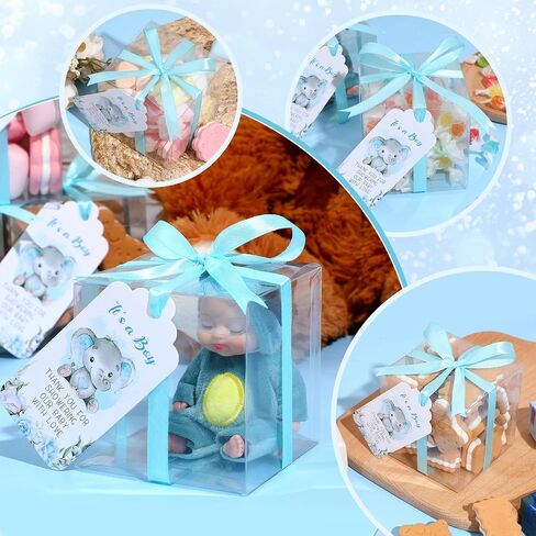 Sayglossy 50 Set Baby Shower Favor Boxes 3 x 3 x 3 Inch Clear Favor Boxes with Elephant Thank You Tags and Ribbons Mini Transparent Candy Cube Boxes for Baby Shower Party Birthday Gift(Pink) in Saudi Arabia