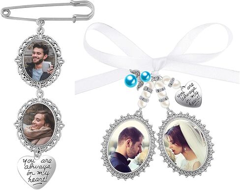 مجموعتان من باقة الزفاف، مجموعة صور ساحرة يمكنك صنعها بنفسك، طقم صنع بروش دبوس مزدوج، إطار بيضاوي مزركش، إطار صورة كابوشون من الزجاج الشفاف مع قلادة قلب ملاك لحفلات خطوبة الزفاف - النمط 2 in Kuwait