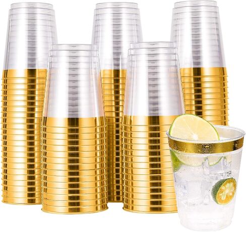 JOLLY CHEF 100 Pack 10 oz Gold Plastic Cups, Clear Plastic Cups Tumblers, Elegant Gold Rimmed Plastic Cups, Disposable Cups with Gold Rim Perfect for Weddings, Thanksgiving Day, Christmas in Saudi Arabia