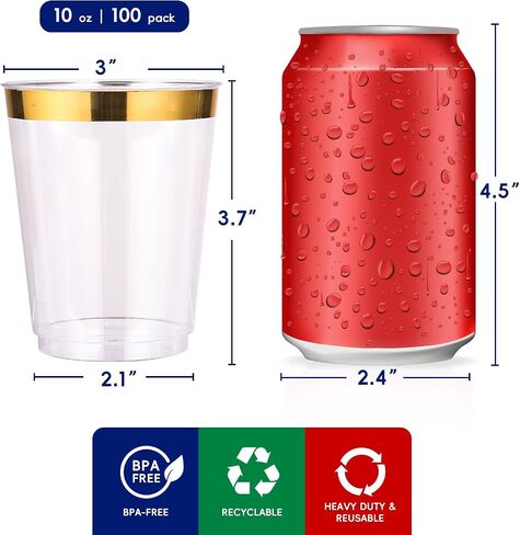 JOLLY CHEF 100 Pack 10 oz Gold Plastic Cups, Clear Plastic Cups Tumblers, Elegant Gold Rimmed Plastic Cups, Disposable Cups with Gold Rim Perfect for Weddings, Thanksgiving Day, Christmas in Saudi Arabia