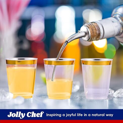 JOLLY CHEF 100 Pack 10 oz Gold Plastic Cups, Clear Plastic Cups Tumblers, Elegant Gold Rimmed Plastic Cups, Disposable Cups with Gold Rim Perfect for Weddings, Thanksgiving Day, Christmas in Saudi Arabia