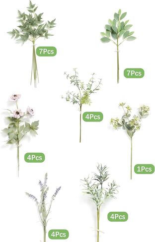 Artificial Greenery Stems Box Set, 49pcs with 8 Kinds of Faux Greenery Flowers Picks for DIY Bridal Bouquets Filler Wedding Floral Arrangement Table Centerpieces(Champagne & Green) in Saudi Arabia