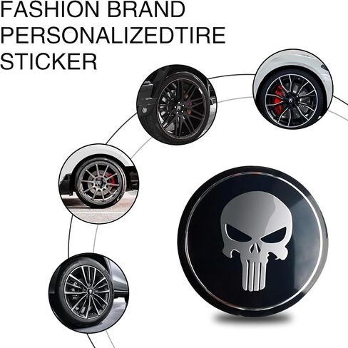 4 PCS Car Wheel Hub Decorative Sticker, 2.2" Personalized Skull Design Metal Hub Center Cover Sticker, No Punching Installation Accessories, Compatible with Most Trucks, Cars, SUVs (Black) in Saudi Arabia
