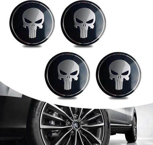4 PCS Car Wheel Hub Decorative Sticker, 2.2" Personalized Skull Design Metal Hub Center Cover Sticker, No Punching Installation Accessories, Compatible with Most Trucks, Cars, SUVs (Black) in Saudi Arabia