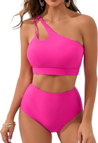 أطقم بيكيني من كرومي للنساء بدلة استحمام عالية الخصر بكتف واحد مقصوصة بأشرطة سباغيتي قابلة للتعديل in Kuwait