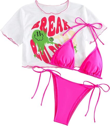 SOLY HUX Women's 3 Piece Swimsuit Halter Triangle Tie Side Bikini Sets Bathing Suit with Cover Up in Saudi Arabia