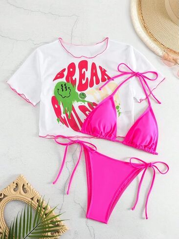 SOLY HUX Women's 3 Piece Swimsuit Halter Triangle Tie Side Bikini Sets Bathing Suit with Cover Up in Saudi Arabia
