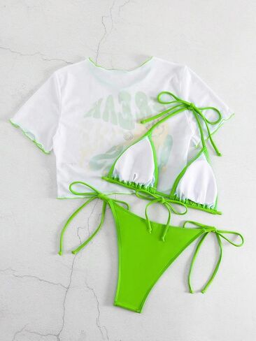 SOLY HUX Women's 3 Piece Swimsuit Halter Triangle Tie Side Bikini Sets Bathing Suit with Cover Up in Saudi Arabia