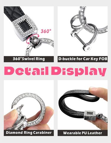 Extended Wristlet Keychain for Women Rhinestone Ring Carabiner & Horseshoe Clasp for Car Keys Rings Leather Wrist Strap in Kuwait