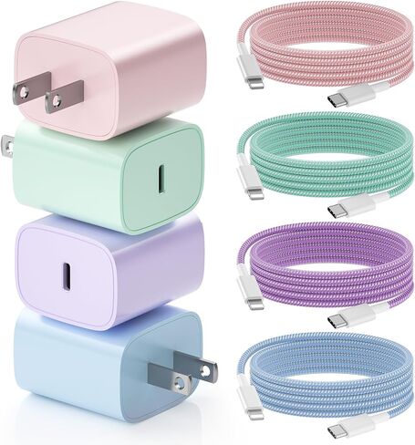 شاحن هاتف شحن سريع، 4 عبوات شاحن حائط USB C بقدرة 20 وات مع كابل شحن بطول 6 أقدام لشاحن الهاتف السريع المتوافق مع الهاتف 14/14 Pro Max/13/13 Pro/12/12 Pro/11/11 Pro/XS، والوسادة والمزيد in Saudi Arabia
