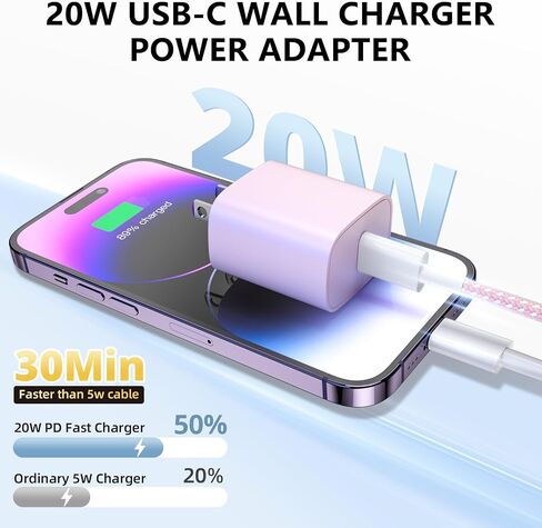 شاحن هاتف شحن سريع، 4 عبوات شاحن حائط USB C بقدرة 20 وات مع كابل شحن بطول 6 أقدام لشاحن الهاتف السريع المتوافق مع الهاتف 14/14 Pro Max/13/13 Pro/12/12 Pro/11/11 Pro/XS، والوسادة والمزيد in Saudi Arabia