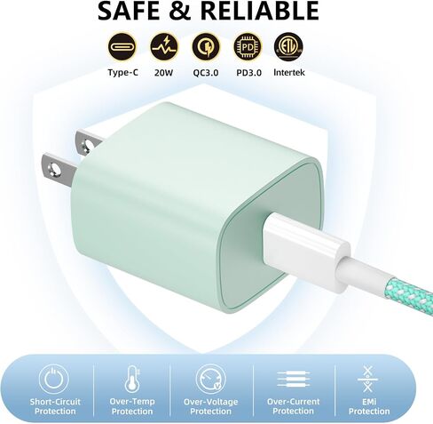 شاحن هاتف شحن سريع، 4 عبوات شاحن حائط USB C بقدرة 20 وات مع كابل شحن بطول 6 أقدام لشاحن الهاتف السريع المتوافق مع الهاتف 14/14 Pro Max/13/13 Pro/12/12 Pro/11/11 Pro/XS، والوسادة والمزيد in Saudi Arabia