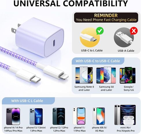شاحن هاتف شحن سريع، 4 عبوات شاحن حائط USB C بقدرة 20 وات مع كابل شحن بطول 6 أقدام لشاحن الهاتف السريع المتوافق مع الهاتف 14/14 Pro Max/13/13 Pro/12/12 Pro/11/11 Pro/XS، والوسادة والمزيد in Saudi Arabia