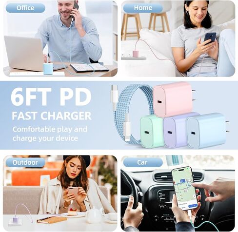 شاحن هاتف شحن سريع، 4 عبوات شاحن حائط USB C بقدرة 20 وات مع كابل شحن بطول 6 أقدام لشاحن الهاتف السريع المتوافق مع الهاتف 14/14 Pro Max/13/13 Pro/12/12 Pro/11/11 Pro/XS، والوسادة والمزيد in Saudi Arabia
