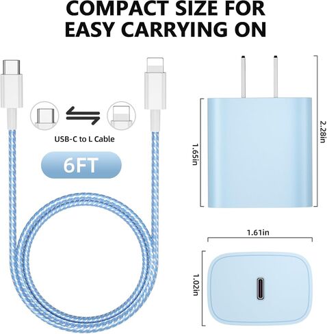 شاحن هاتف شحن سريع، 4 عبوات شاحن حائط USB C بقدرة 20 وات مع كابل شحن بطول 6 أقدام لشاحن الهاتف السريع المتوافق مع الهاتف 14/14 Pro Max/13/13 Pro/12/12 Pro/11/11 Pro/XS، والوسادة والمزيد in Saudi Arabia