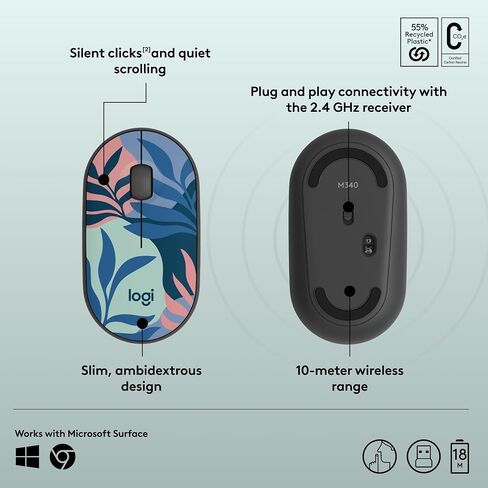 Logitech M340 Wireless Mouse with Limited Edition Prints, USB Receiver and Silent Clicks, Portable Wireless Mouse for Laptop, PC, Windows, Chrome, Surface – Floral Leaves in Saudi Arabia