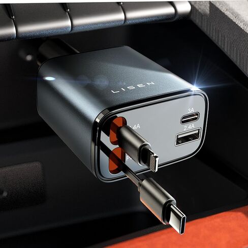 LISEN 4 in One Retractable iPhone Car Charger Cigarette Lighter Adapter [69W], Fast Charge USB C Car Charger Adapter with Retractable Cord Cable, Car Organization for iPhone 15 Pro Max Plus 14 13 12 in Kuwait