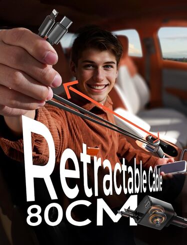 LISEN 4 in One Retractable iPhone Car Charger Cigarette Lighter Adapter [69W], Fast Charge USB C Car Charger Adapter with Retractable Cord Cable, Car Organization for iPhone 15 Pro Max Plus 14 13 12 in Kuwait