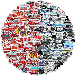 Bellsche 100 Pcs Fire Truck and Police Car Stickers Decals for Kids Boys Girls, Cute Fire Engine Police Vehicle Stickers Waterproof for Water Bottle Laptop Skateboard Helmet Luggage
