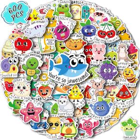 STKJoviale 600PCS Cute Stickers for Kids, Vinyl Kid Stickers Classroom Punny Reward Stickers for Students Teacher, Fun Animal Stickers Waterproof Water Bottles Stickers Incentive