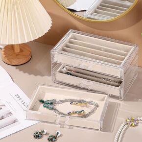 Necklace Organizer Box, Tray with Clear Lid, Dustproof Velvet Necklaces Holder Storage Display Case, Necklace Tray Drawer Insert for long Necklaces Suitable for Women and Girls (Beige)