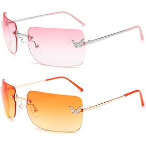 Rectangle Y2k Sunglasses for Women Men - Trendy Rimless 2000S Fashion Shades Butterfly