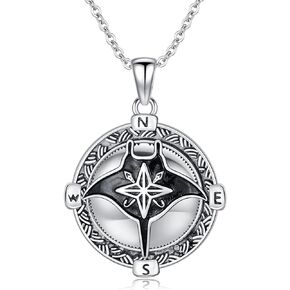 PROESS Stingray Compass Necklace 925 Sterling Silver Compass Pendant Ocean Stingray Necklace Graduation Jewelry Gifts for Women Men