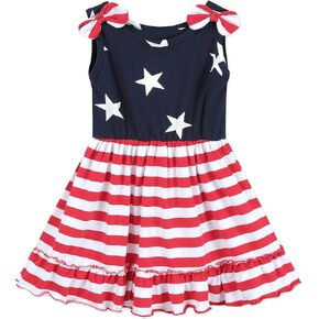 CM-Kid 4th of July Dress Toddler Girls American Flag Striped Sundress Kids Patriotic Outfit