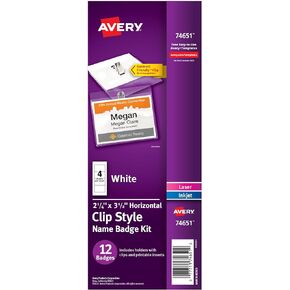 Avery Customizable Name Badges with Clips, 2.25" x 3.5", Clear Name Tag Holders with White Printable Inserts, 12 Clip Style Name Badges (74651)