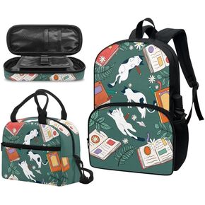 Adorable Sugar Skull Cat 3pcs SchoolBag Teenager Gifts for Men & Women Classical Cute Cat Art Boho Fits 12 inch laptop Bag Lunch Bag Pencil Case