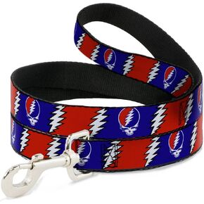Dog Leash Steal Your Face Lightning Bolt Repeat Red White Blue 4 Feet Long 1.0 Inch Wide