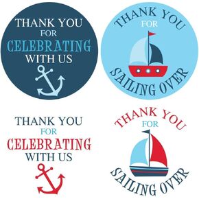 1.9 Inch Thank You Stickers Baby Shower Favor Nautical Boy 60 Labels Navy Blue Red