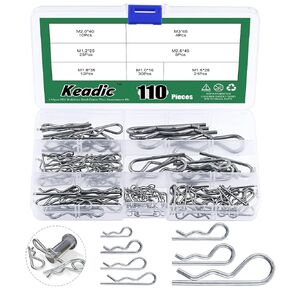 Keadic 110 Pcs 7 Sizes 304 Stainless Steel Cotter Pin R Clips Assortment Kit, Heavy Duty Hairpin R Clip Retaining Pins Pin for Automobiles, Trucks Lawn Mowers Trailer Hitches Latch