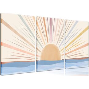 3Pcs Framed Boho Canvas Wall Art Sun Sunrise Yellow Line Pictures Prints Wall Decor Modern Mid Century Rainbow Posters Nature for Living Room Bedroom Bathroom Office Home Decoration12x16inx3
