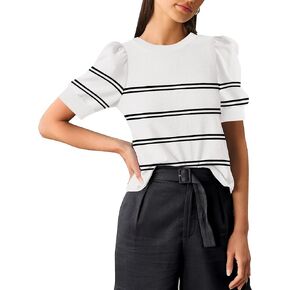Women's 2024 Trendy Short Puff Sleeve Knit Tops Casual Crew Neck Stripe T-Shirts Summer Blouses