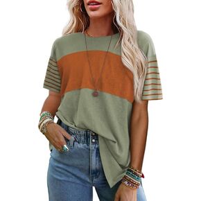 SHEWIN Womens Tops Trendy 2024 Summer Casual Short Sleeve Shirts Loose Crewneck Tee Business Work Tunic Tshirts Shirts for Women Light Green Orange M