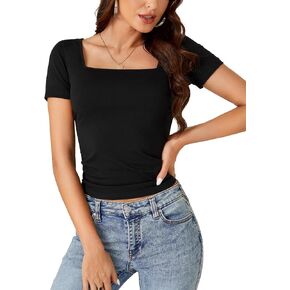 Women's Casual Square Neck Short Sleeve Slim Fit Basic T Shirt Crop Top
