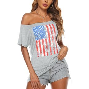 Women American Flag Off Shoulder T Shirt Fourth of July America Patriotic Tee Shirt USA Stars Stripes Tee Top in Kuwait