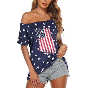 Women American Flag Off Shoulder T Shirt Fourth of July America Patriotic Tee Shirt USA Stars Stripes Tee Top
