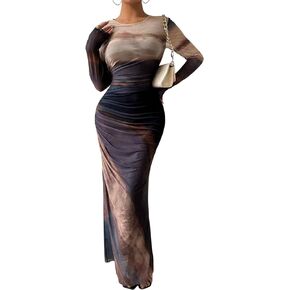 MARZXIN Womens Long Sleeve Dress for Women Natural Slim Fit Tie Dye Bodycon Summer Dress Maxi Dresses
