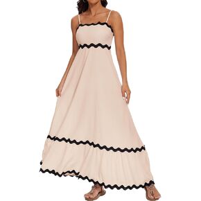 Women's Summer Spaghetti Strap Dresses A-Line Sleeveless RIC Rac Trim Tiered Flowy Casual Maxi Dress